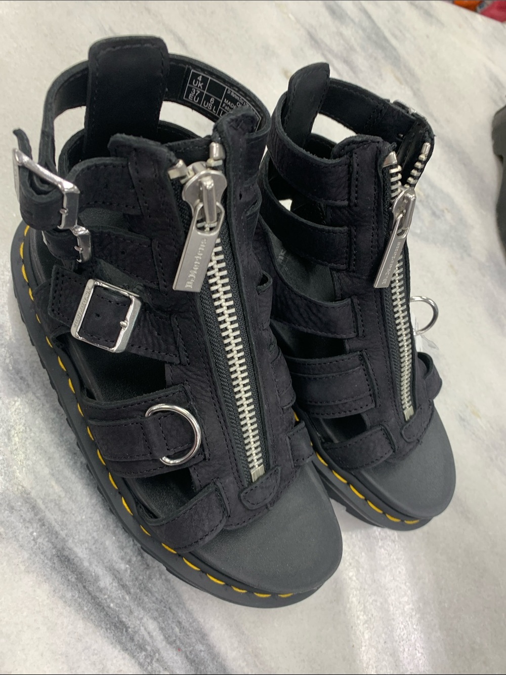 Dr. Martens Black Leather Gladiator Sandals with Yellow Stitching - Picture 7 of 7